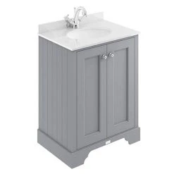 Bayswater Plummett Grey 600mm 2 Door Vanity Unit with White Marble Basin Top | Freestanding Bathroom Storage