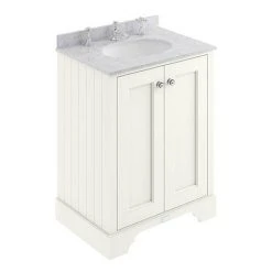 Bayswater Pointing White 600mm 2 Door Freestanding Vanity Unit with 3TH Grey Marble Basin Top