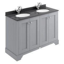 Bayswater Plummett Grey 1200mm 4 Door Freestanding Vanity Unit with Black Marble Double Bowl Basin Top