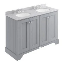 Bayswater Plummett Grey 1200mm 4 Door Vanity Unit with 3TH Grey Marble Double Bowl Basin Top