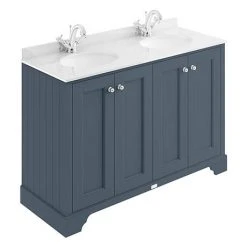 Bayswater Stiffkey Blue 1200mm 4 Door Vanity Unit with White Marble Double Bowl Basin Top