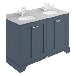 Bayswater Stiffkey Blue 1200mm 4 Door Vanity Unit with 1TH Grey Marble Double Bowl Basin Top
