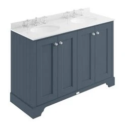 Bayswater Stiffkey Blue 1200mm 4 Door Vanity Unit with White Marble Double Bowl Basin Top