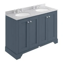 Bayswater Stiffkey Blue 1200mm 4 Door Vanity Unit with Grey Marble Double Bowl Basin Top
