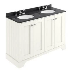 Bayswater Pointing White 1200mm 4 Door Vanity Unit & 3TH Black Marble Double Bowl Basin Top - Stylish Double Sink Vanity Unit