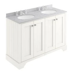 Bayswater Pointing White 1200mm 4 Door Vanity Unit with 3TH Grey Marble Double Bowl Basin Top