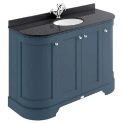 Bayswater Stiffkey Blue Curved 1200mm 4-Door Vanity Unit with Black Marble Single Bowl Basin Top | Freestanding Bathroom Furniture