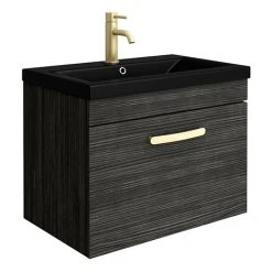 Brooklyn 600mm Black Wall Hung 1-Drawer Vanity Unit with Matt Black Basin & Brass Handle - Modern Bathroom Furniture