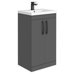 Brooklyn Gloss Grey Freestanding Vanity Unit - 500mm Wide with Matt Black Handles