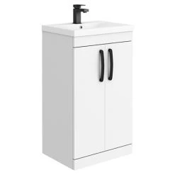 Brooklyn Gloss White 500mm Freestanding Vanity Unit with Matt Black Handles