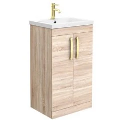Brooklyn 500mm Natural Oak Vanity Unit with Brushed Brass Handles - Freestanding Bathroom Furniture