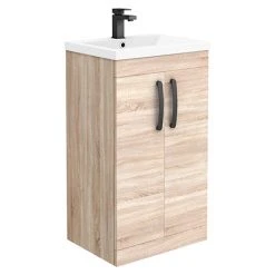 Brooklyn Natural Oak Vanity Unit - 500mm Wide with Matt Black Handles | Freestanding Bathroom Storage