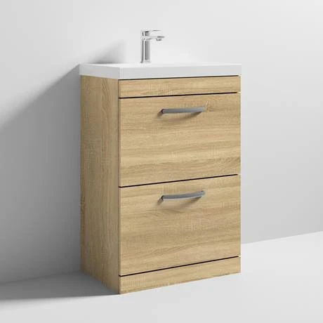 Brooklyn 600 Natural Oak Floor Standing 2 Drawer Vanity Unit with Thin-Edge Basin | Freestanding Bathroom Furniture 4 Brooklyn 600 Natural Oak Floor Standing 2 Drawer Vanity Unit with Thin-Edge Basin | Freestanding Bathroom Furniture - Image 4