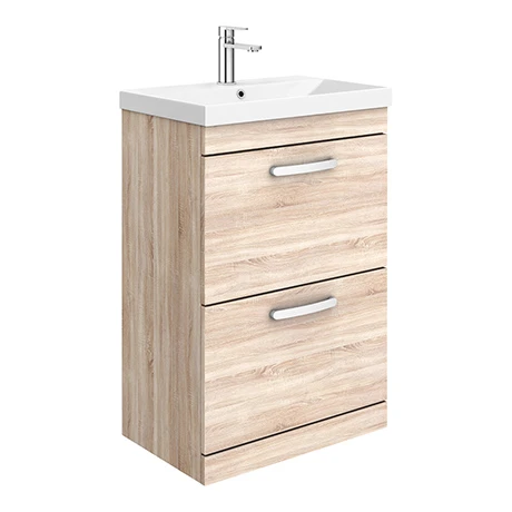 Brooklyn 600 Natural Oak Floor Standing 2 Drawer Vanity Unit with Thin-Edge Basin | Freestanding Bathroom Furniture 1 Brooklyn 600 Natural Oak Floor Standing 2 Drawer Vanity Unit with Thin-Edge Basin | Freestanding Bathroom Furniture