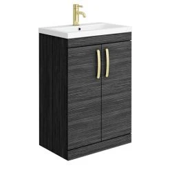 Brooklyn 600mm Black Freestanding Vanity Unit with Brushed Brass Handles | Modern Bathroom Storage Solution