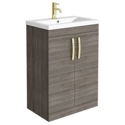 Brooklyn 600mm Grey Avola Freestanding Vanity Unit with Brushed Brass Handles | Modern Bathroom Storage