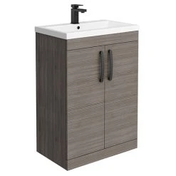 Brooklyn Grey Avola Vanity Unit - 600mm Wide | Matt Black Handles | Freestanding Vanity Unit