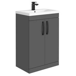 Brooklyn Gloss Grey 600mm Freestanding Vanity Unit with Matt Black Handles