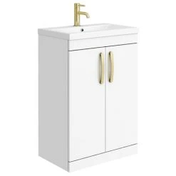 Brooklyn 600mm Gloss White Freestanding Vanity Unit with Brushed Brass Handles