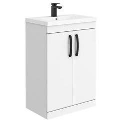 Brooklyn Gloss White 600mm Freestanding Vanity Unit with Matt Black Handles