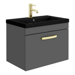 Brooklyn 600mm Gloss Grey Wall Hung Vanity Unit with Matt Black Basin & Brass Handle - Modern Bathroom Storage