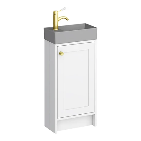 Bromley White Cloakroom Vanity Unit with Grey Basin & Brushed Brass Handle | Freestanding Bathroom Storage Solution 1 Bromley White Cloakroom Vanity Unit with Grey Basin & Brushed Brass Handle | Freestanding Bathroom Storage Solution