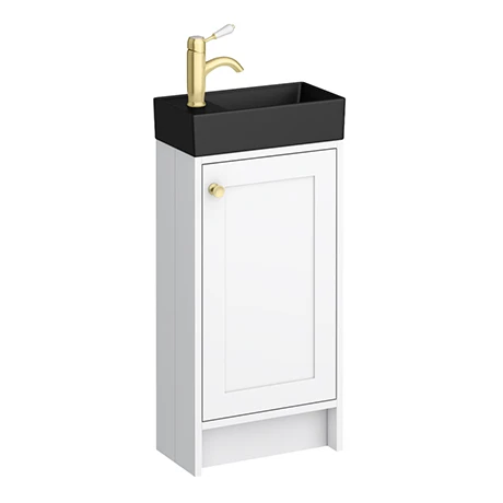 Bromley White Cloakroom Vanity Unit with Black Basin & Brushed Brass Handle | Victorian Plumbing 1 Bromley White Cloakroom Vanity Unit with Black Basin & Brushed Brass Handle | Victorian Plumbing