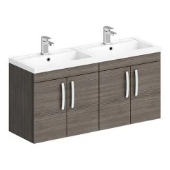Brooklyn 1205mm Grey Avola Wall Hung 4 Door Double Basin Vanity Unit | Modern Double Sink Bathroom Furniture