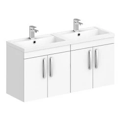 Brooklyn 1205mm Gloss White Wall Hung 4 Door Double Basin Vanity Unit - Modern Double Sink Bathroom Furniture