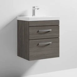 Brooklyn 500 Grey Avola Wall Hung 2 Drawer Vanity Unit with Thin-Edge Basin - Modern Bathroom Storage Solution -Vanity Units Shop BWH5GA2DTE nd3 460