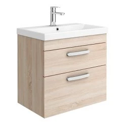 Brooklyn 600 Natural Oak Wall Hung 2 Drawer Vanity Unit with Thin-Edge Basin - Stylish & Modern Bathroom Furniture