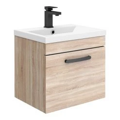 Brooklyn Wall Hung Vanity - Natural Oak - 500mm Wide 1-Drawer with Matt Black Handle