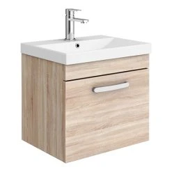 Brooklyn 500 Natural Oak Wall Hung 1-Drawer Vanity Unit with Thin-Edge Basin | Modern Bathroom Storage