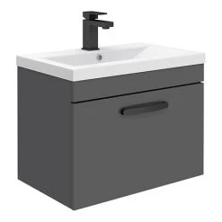 Brooklyn Wall Hung Vanity - Gloss Grey - 600mm Wide with 1-Drawer & Matt Black Handle | Modern Bathroom Storage
