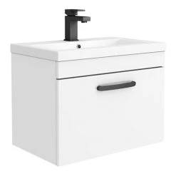 Brooklyn Wall Hung Vanity - Gloss White - 600mm Wide 1-Drawer with Matt Black Handle