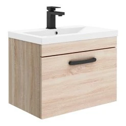 Brooklyn Wall Hung Vanity - Natural Oak - 600mm Wide 1-Drawer with Matt Black Handle