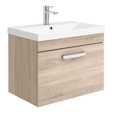 Brooklyn 600 Natural Oak Wall Hung 1-Drawer Vanity Unit with Thin-Edge Basin - Modern Bathroom Furniture 1 Brooklyn 600 Natural Oak Wall Hung 1-Drawer Vanity Unit with Thin-Edge Basin - Modern Bathroom Furniture