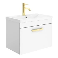 Brooklyn 600mm Gloss White Wall Hung 1-Drawer Vanity Unit with Brushed Brass Handle | Modern Bathroom Storage