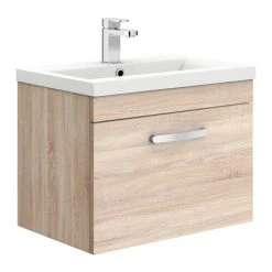 Brooklyn 600mm Natural Oak Wall Hung Vanity Unit - Single Drawer | Modern Bathroom Storage