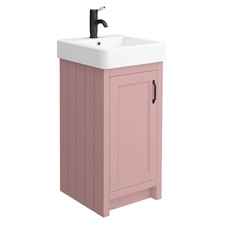 Chatsworth Traditional Dusky Pink Vanity Unit - 425mm Wide with Matt Black Handle | Freestanding Bathroom Furniture 1 Chatsworth Traditional Dusky Pink Vanity Unit - 425mm Wide with Matt Black Handle | Freestanding Bathroom Furniture