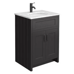 Chatsworth Graphite 610mm Freestanding Vanity Unit with White Marble Basin Top & Matt Black Handles