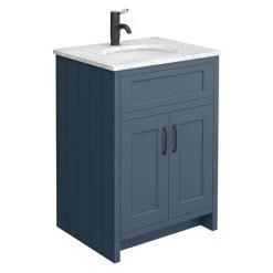 Chatsworth Blue 610mm Freestanding Vanity Unit with White Marble Basin Top & Matt Black Handles