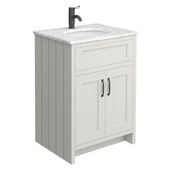 Chatsworth Grey 610mm Freestanding Vanity Unit with White Marble Basin Top & Matt Black Handles