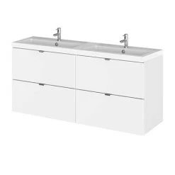 Hudson Reed 1200mm Gloss White Wall Hung 4-Drawer Vanity Unit with Double Basin | Modern Bathroom Storage