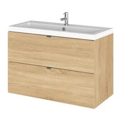 Hudson Reed Fusion 800mm Natural Oak Wall Hung 2-Drawer Vanity Unit & Basin | Modern Bathroom Storage