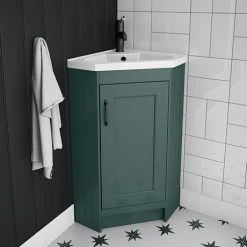 Chatsworth Traditional Green Corner Vanity Unit with Matt Black Handle | Freestanding Bathroom Furniture