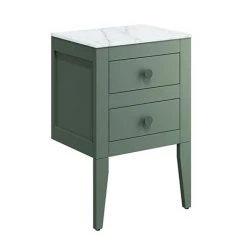 Crosswater Canvass Sage Green 485mm Double Drawer Unit with Carrara Marble Effect Worktop - Wall Hung Vanity Unit