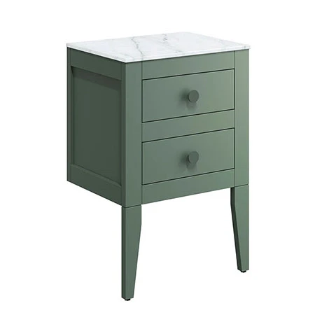 Crosswater Canvass Sage Green 485mm Double Drawer Unit with Carrara Marble Effect Worktop - Wall Hung Vanity Unit 1 Crosswater Canvass Sage Green 485mm Double Drawer Unit with Carrara Marble Effect Worktop - Wall Hung Vanity Unit