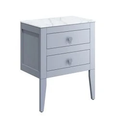 Crosswater Canvass Storm Grey Matt 600mm Double Drawer Unit with Carrara Marble Effect Worktop | Wall Hung Vanity Unit