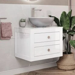 Crosswater Canvass White Gloss 600mm Double Drawer Unit with Carrara Marble Effect Worktop - Wall Hung Vanity Unit 6 Crosswater Canvass White Gloss 600mm Double Drawer Unit with Carrara Marble Effect Worktop - Wall Hung Vanity Unit -Vanity Units Shop CV600WLWG D3 460